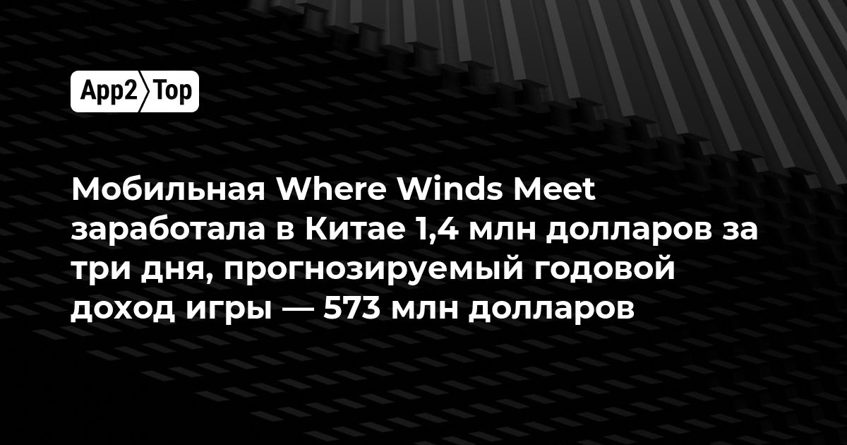 Мобильная Where Winds Meet заработала в Китае 1,4 млн долларов за три дня, прогнозируемый годовой доход игры — 573 млн долларов